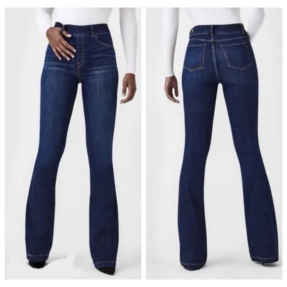 Spanx Flare Leg Jeans Denim Pull On Midnight #20327Q Small Petite 32” Inseam NEW - Picture 1 of 10